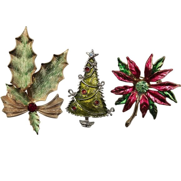 VTG Broch 3PC Set Christmas Poinsettia Tree Mistletoe Holiday Jolly Joy Gift - Picture 1 of 15